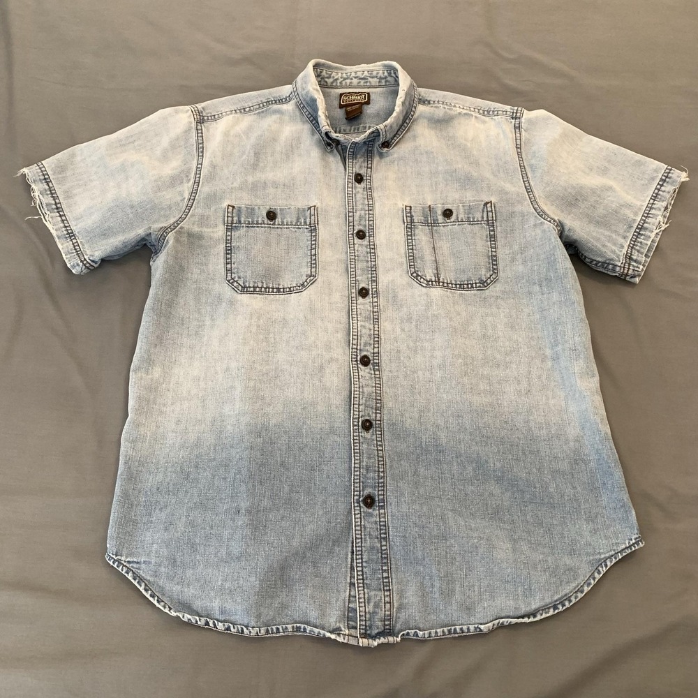 VTG C.E. Schmidt Workwear Shirt Mens Lg. Blue Denim Short Sleeve Button Thrashed